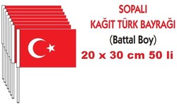 Vatan 20x30cm.Battal Boy Sopalı Kağıt Bayrak 50’li - Vatan